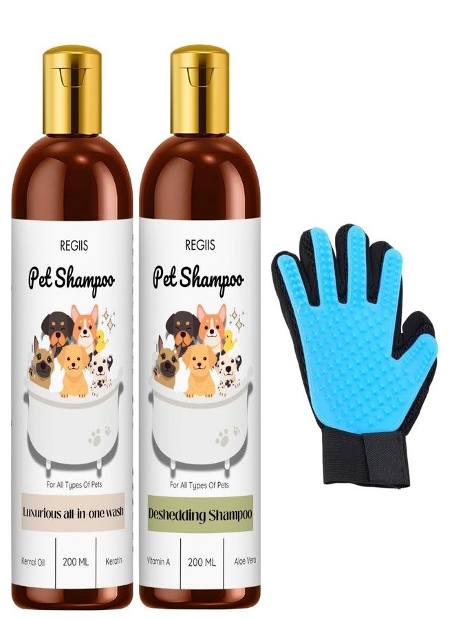 REGIIS Pet Grooming Kit with Deshedding Shampoo Set, 2 x 200ml Dog and Cat Wash, Luxurious All-in-One Formula with Grooming Glove(Pack of 3) - Image 1